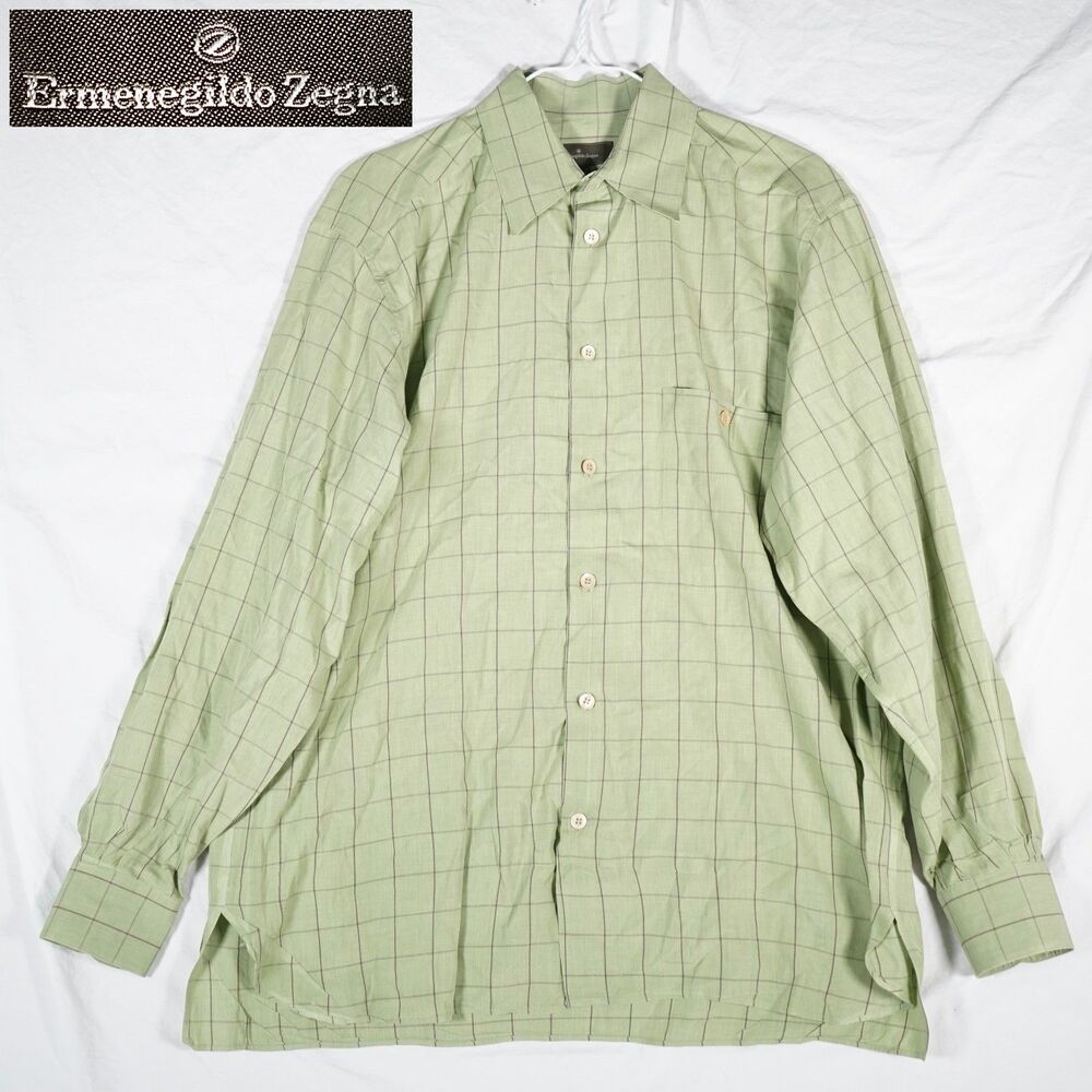 Ermenegildo Zegna Windowpane Check Dress Shirt Green Large Made in Italy